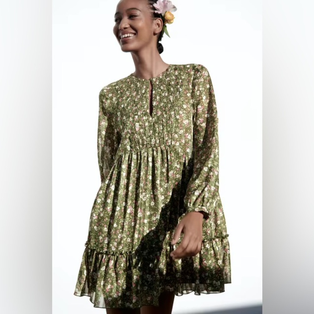 Zara Womens Babydoll Tunic Dress Green Floral Metallic Ruffled Smocked XS